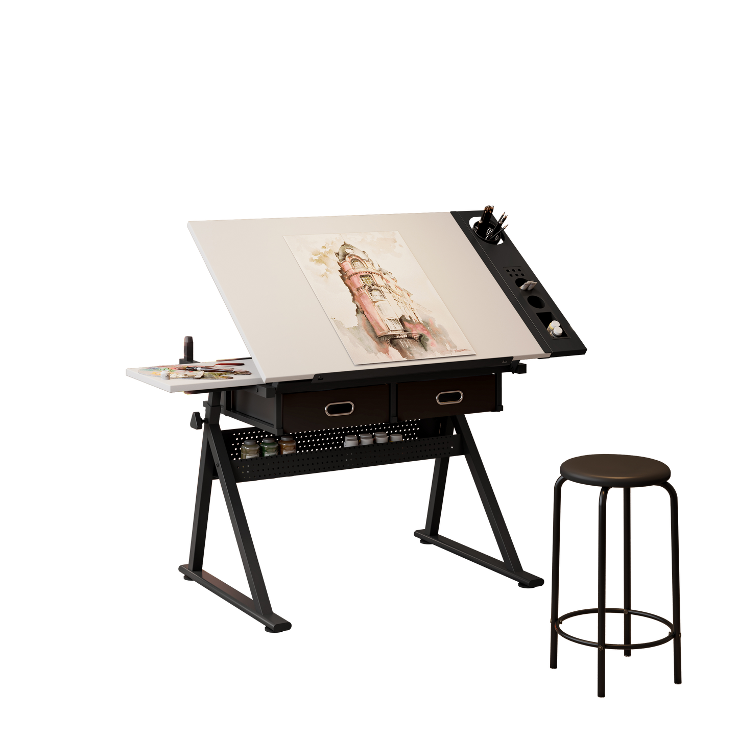 Adjustable Drawing Drafting Table Desk With 2 Drawers For Home Office And School With Stool White