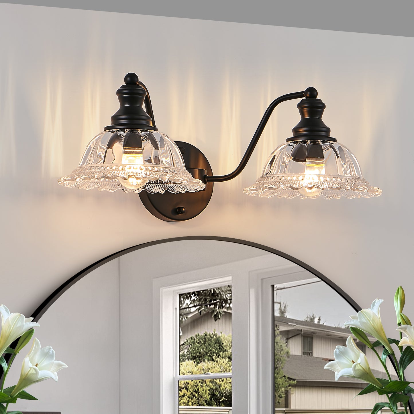 20 Inch 2-Light Vintage Bathroom Wall Sconce -- Elegant Black Metal And Glass Lampshade Vanity Light Fixture For Bathroom, Hallway, Or Bedroom  Bulb Not Included
