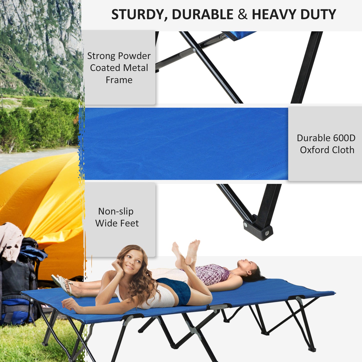 2 Person Folding Camping Cot For Adults, 50" Extra Wide Outdoor Portable Sleeping Cot With Carry Bag, Elevated Camping Bed, Beach Hiking, Blue