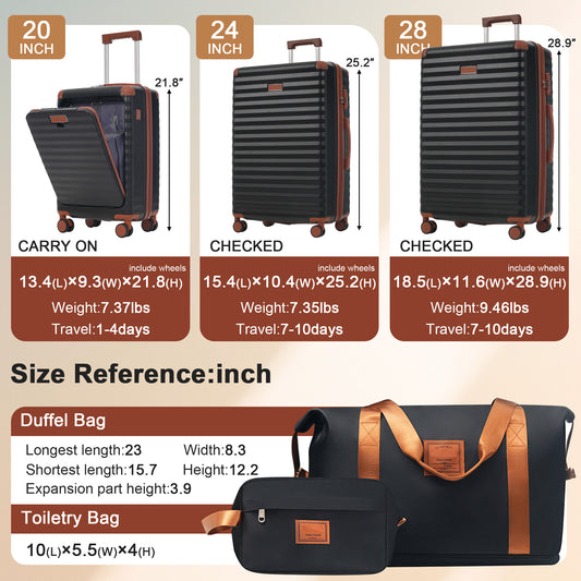 Luggage Sets 5 Piece With Front Opening , Hardside Expandable Carry On Suitcase With Spinner Wheels TSA Lock USB Port  Cup Holder Duffel Bag And Toiletry Bag