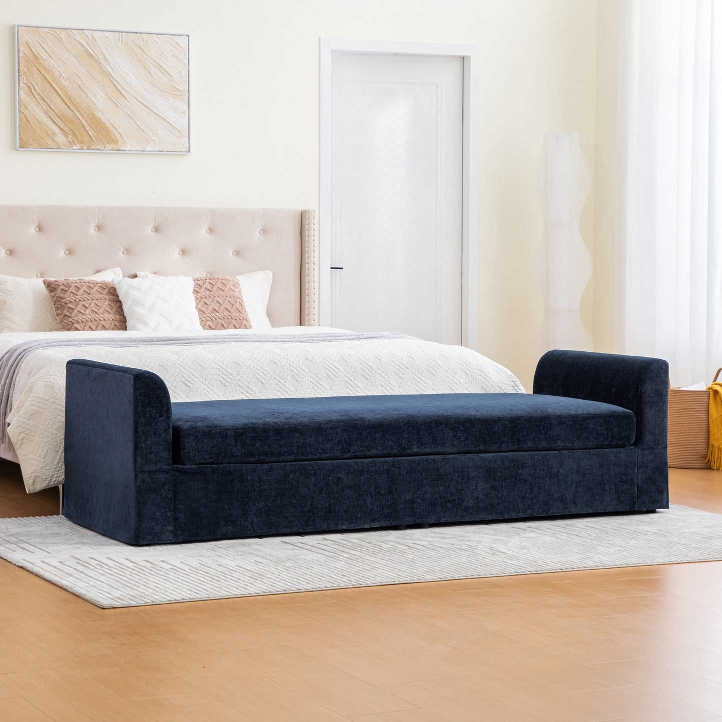 88.58  Wide Modern Bench, Bed End Bench With Armrests,Chenille Chaise Lounge Couch With 2 Bolster Pillows, Suitable For Living Rooms, Entryways, Dormitories, And Bedrooms.Navy