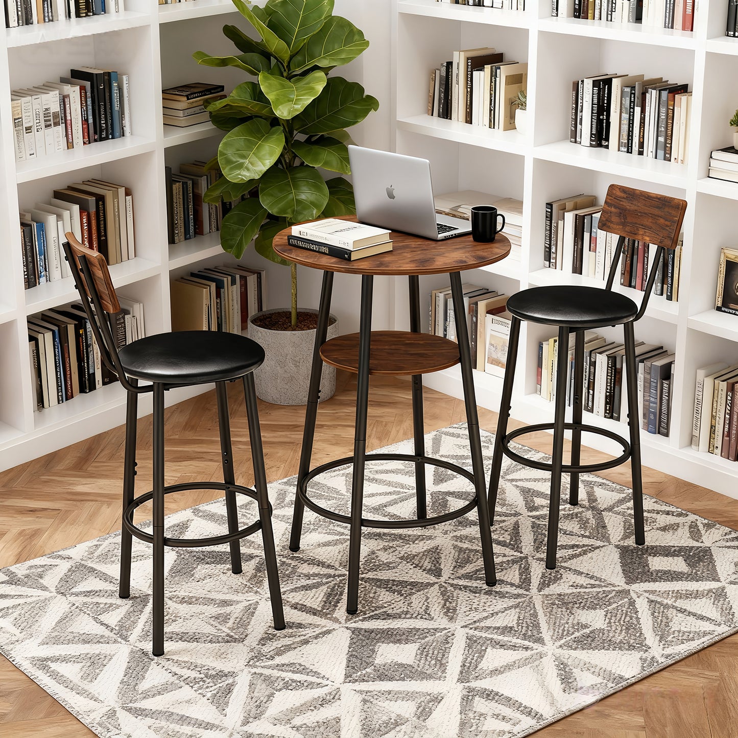 3 Pieces Round Bar Table And Chairs Set, Small Dining Table For 2 With 2-Tier Storage & 2 PU Upholstered Bar Stools For Kitchen, Dining Room, Living Room, Bar, Cafe, Small Space Corner, Rustic Brown