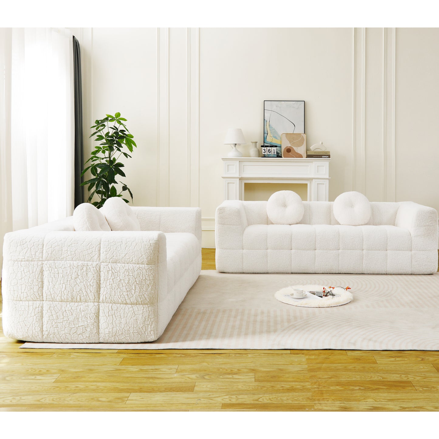 Modern Boneless Couch With Two Circular Throw Pillows,Skin-friendly Lychee-textured Long-pile Polyester Fabric,Checkered Fabric Design Foam Sofa