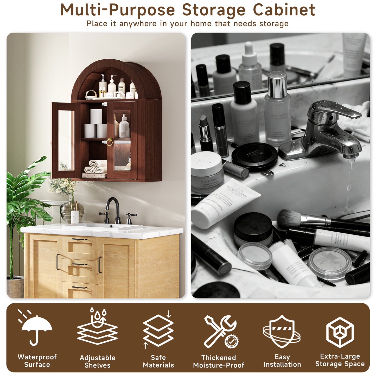 Wall Mounted Arched Cabinet With Glass Doors, Light And Adjustable Shelves For Laundry Room, Bathroom, Kitchen