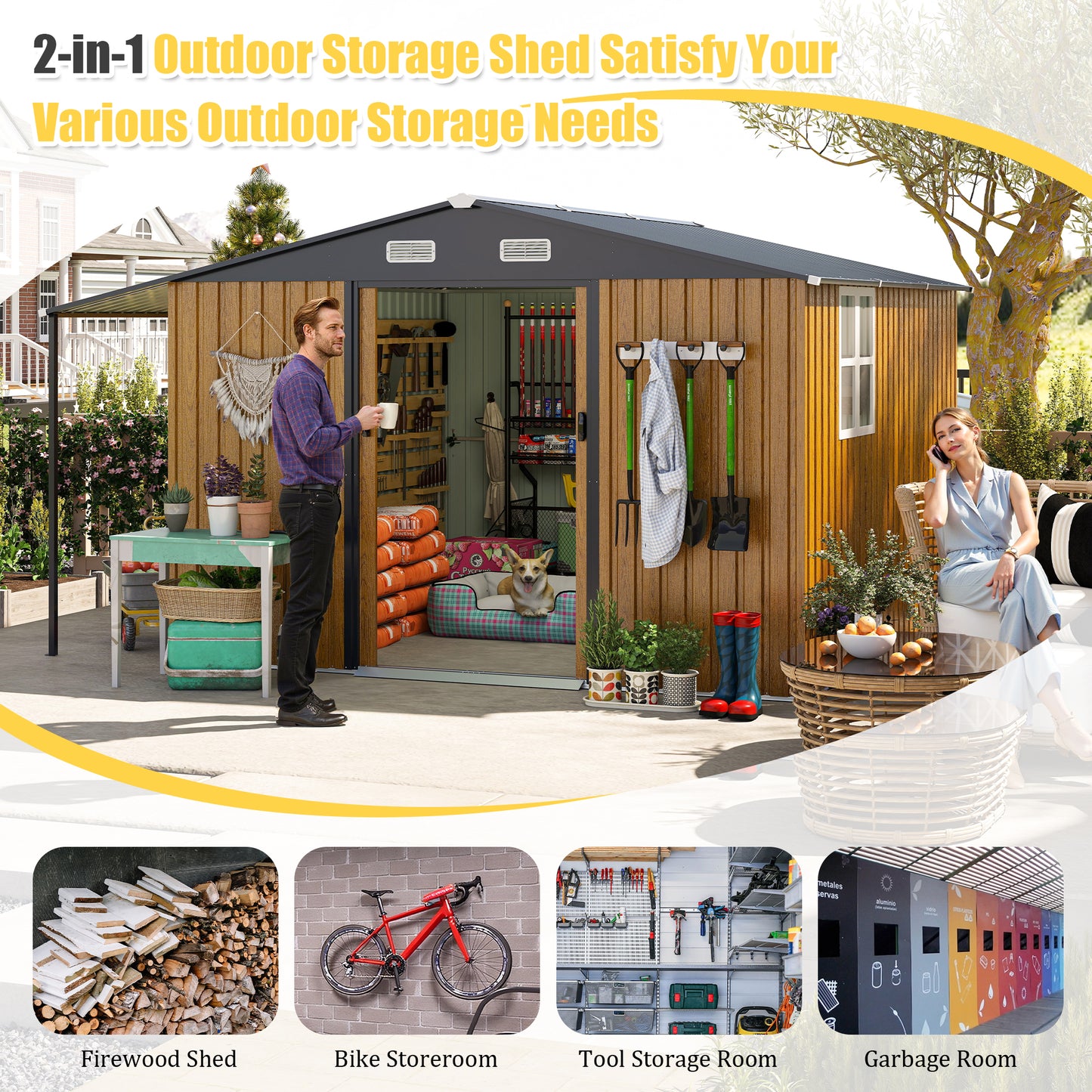 10x12 Ft Outdoor Storage Shed, Extra Large Metal Shed With Lockable Doors, Windows, Outside Steel Tiny House Ideal For Garden, Backyard, Patio Utility, Tool Storage, Chicken Coops
