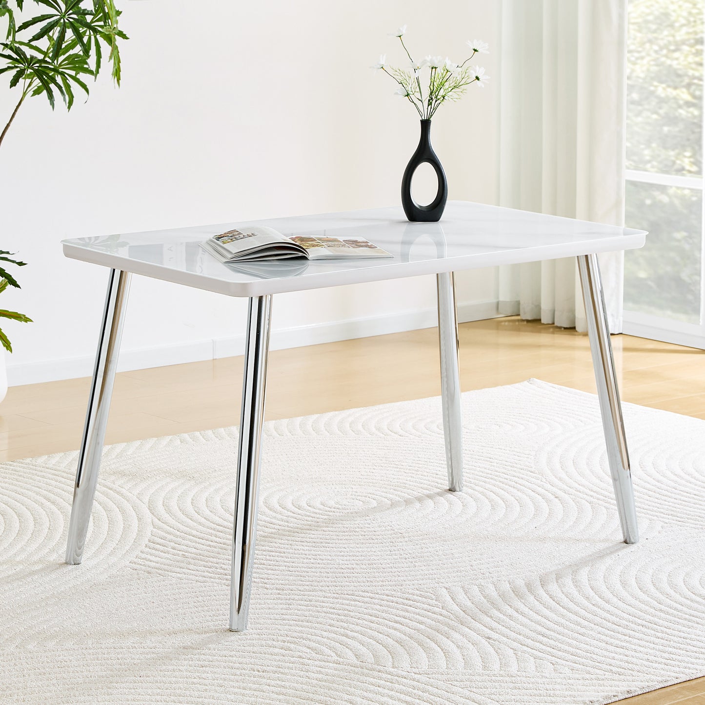 Modern Minimalist Rectangular Dining Table,suitable For 4-6 People.Tempered Glass Countertop Lower MDF Board,imitation Marble Texture,silver Metal Tapered Legs.Suitable For Minimalist Restaurants.