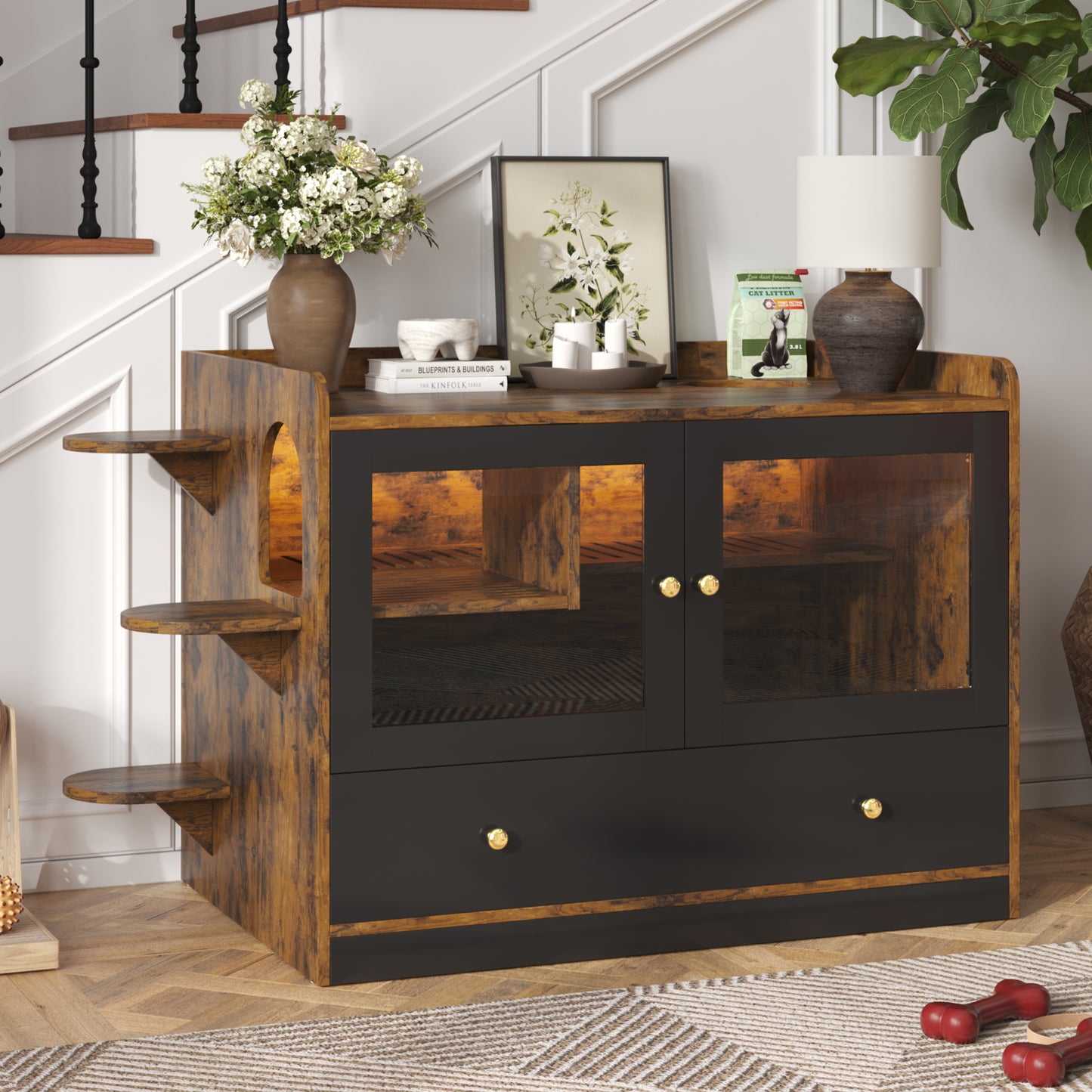 Cat Litter Box Enclosure, Hidden Cat Litter Box Furniture With Drawer And Stairs, Wooden Cat House Washroom For Bedroom,Cat Cabinet Side Table For Living Room, Rustic Brown And Black