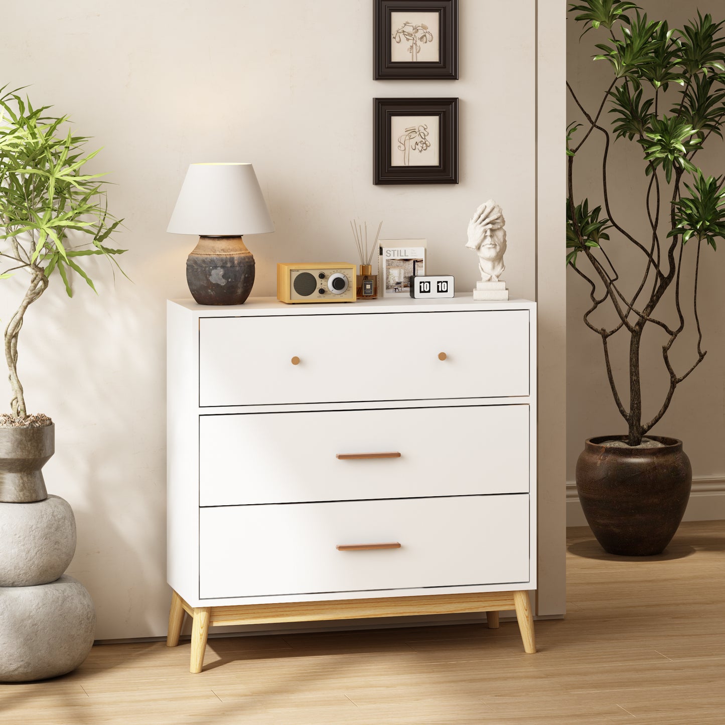 Nordic Style 3-Drawer Storage Cabinet, Modern White Chest Of Drawers With Rose Gold Handles & Solid Wood Base, Small Space Organizer For Office, Kids Room, Nursery
