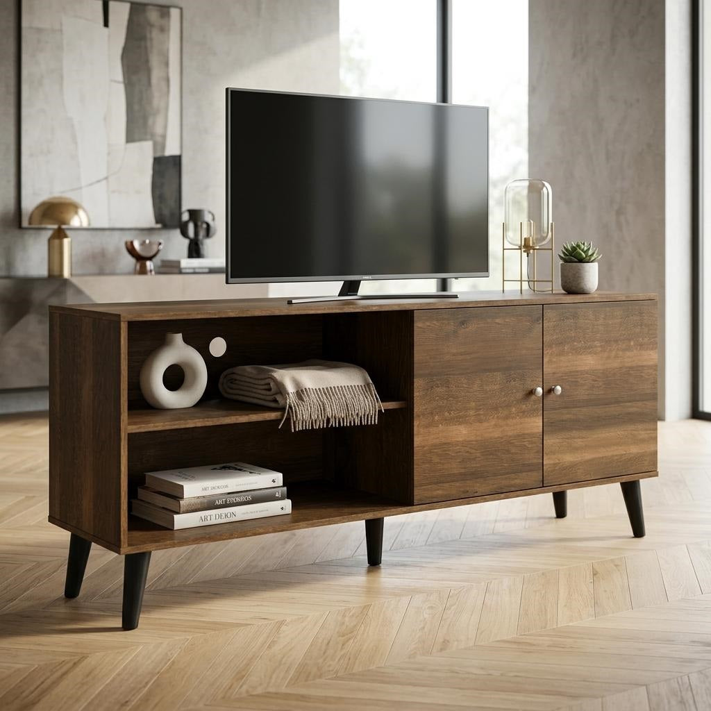 Amidon TV Stand For TVs Up To 63  , With 2 Storage Shelves& 1 Cabinet, Modern Entertainment Centre For TV In Living Room In  Brown