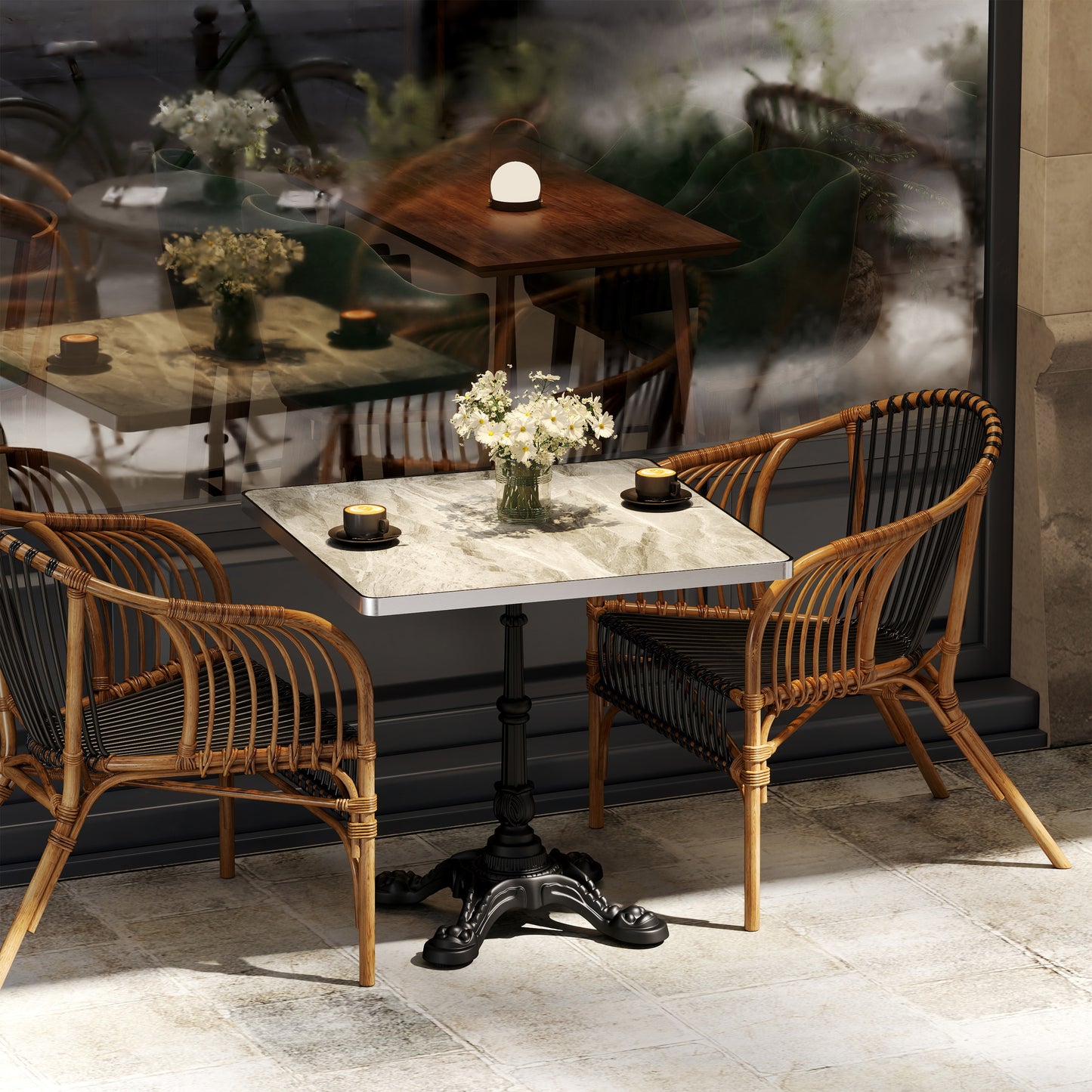Marble-Look Sintered Stone Square Table - Heavy-Duty Cast Iron Base For Bistro, Cafe, Bar & Home Use