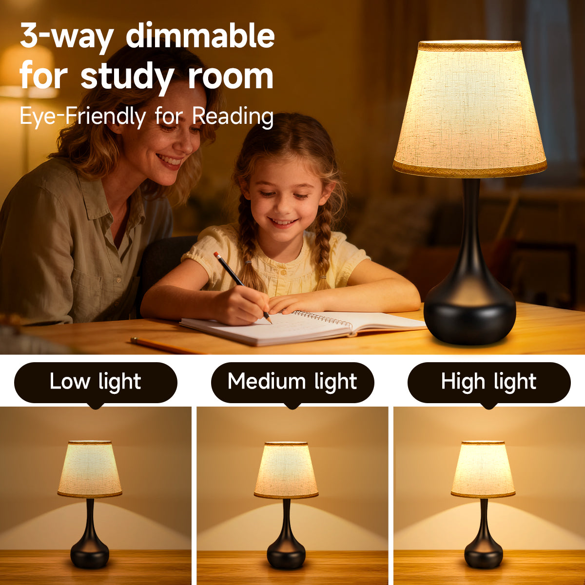 3-Way Dimmable Set Of 2 Small Bedside Lamps For Night Stands, Black Desk Lamps For Kids Room,Office,Living Room, End Table LED Bulbs Included