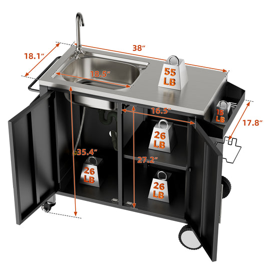 Outdoor Grill Table With Sink, Grill Cart With 304 Stainless Steel Sink And Cabinet, Outdoor Grill Cart,Outdoor Cart Sink Station With Wheels, L38in X W18in X H35in