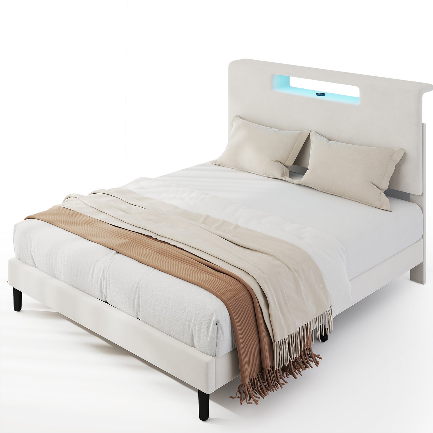 Queen Size Bed Frame With Storage Function Charging Station And Adjustable LED Light Wood Slat Support Bed Frame With Headboard Remote Control Easy Assembly