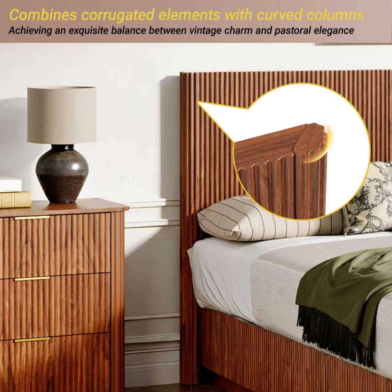 Kind Size Bed Frame With LED Lights, Modern Wooden Corrugated Curved Lines, Convex Groove Board Design, Walnut.