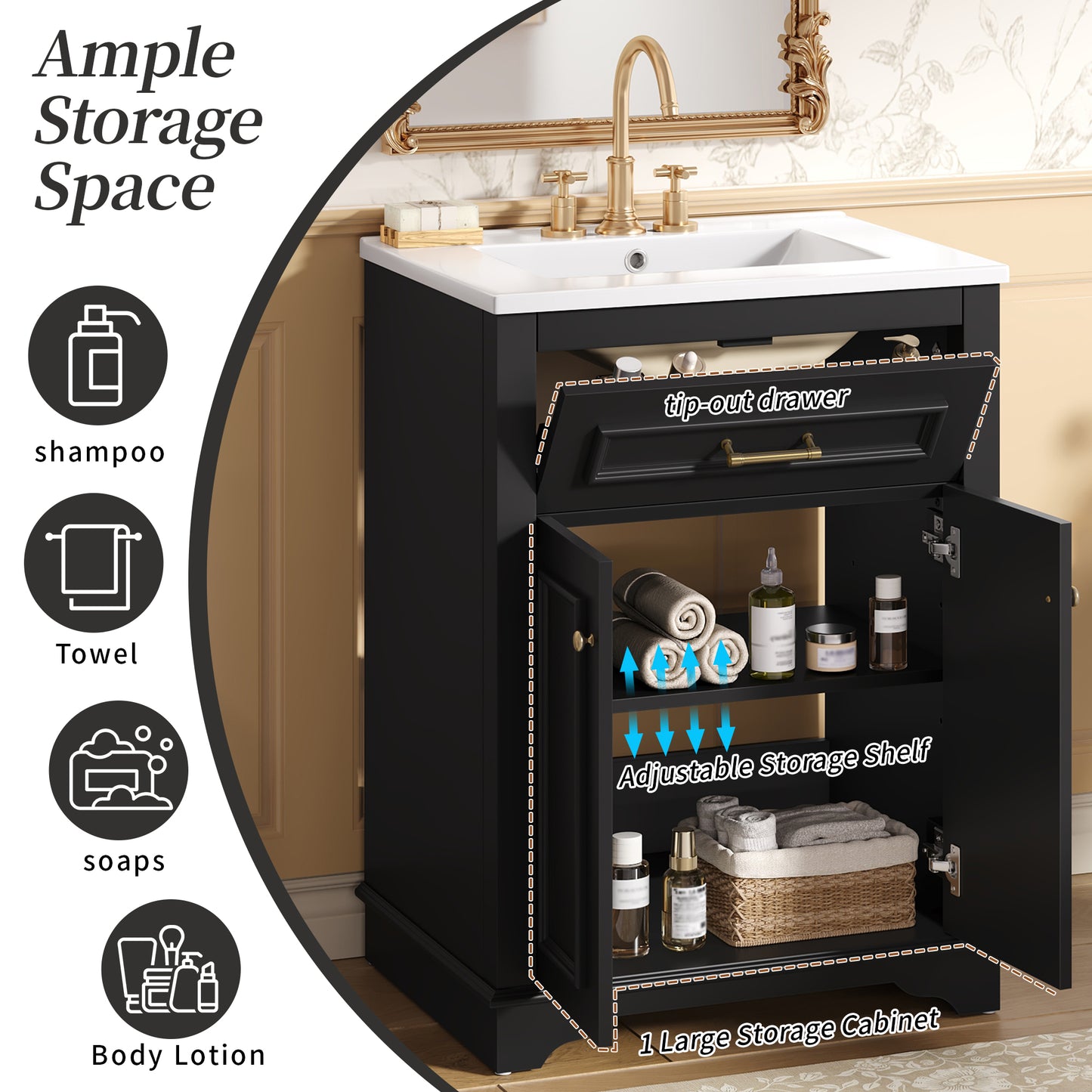 24 Bathroom Vanity With Integrated Ceramic Sink, Bathroom Cabinet With 2 Doors, 1 Tip-Out Drawer, Single Sink Bathroom Vanity For Small And Medium Restroom, Black