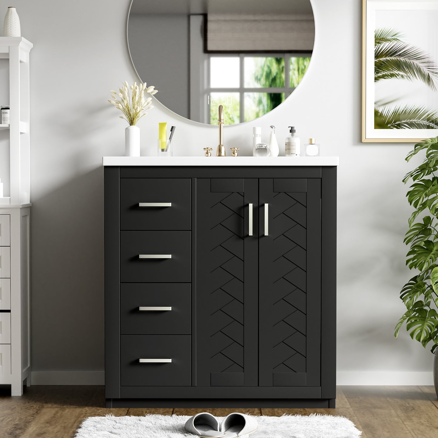 30'' Bathroom Vanity With Ceramic Sink Combo,Solid Wood Frame Bathroom Storage Cabinet, Freestanding Vanity Set With 3 Drawers& Soft Closing Doors