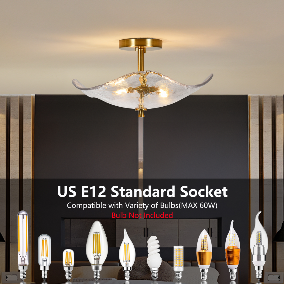 16.5inch Glass Semi Flush Mount Ceiling Light Fixture, 2-Lights Close To Ceiling Light, Modern Gold Ceiling Light Fixture For Bedroom Bathroom Hallway Entryway Kitchen Dining Room