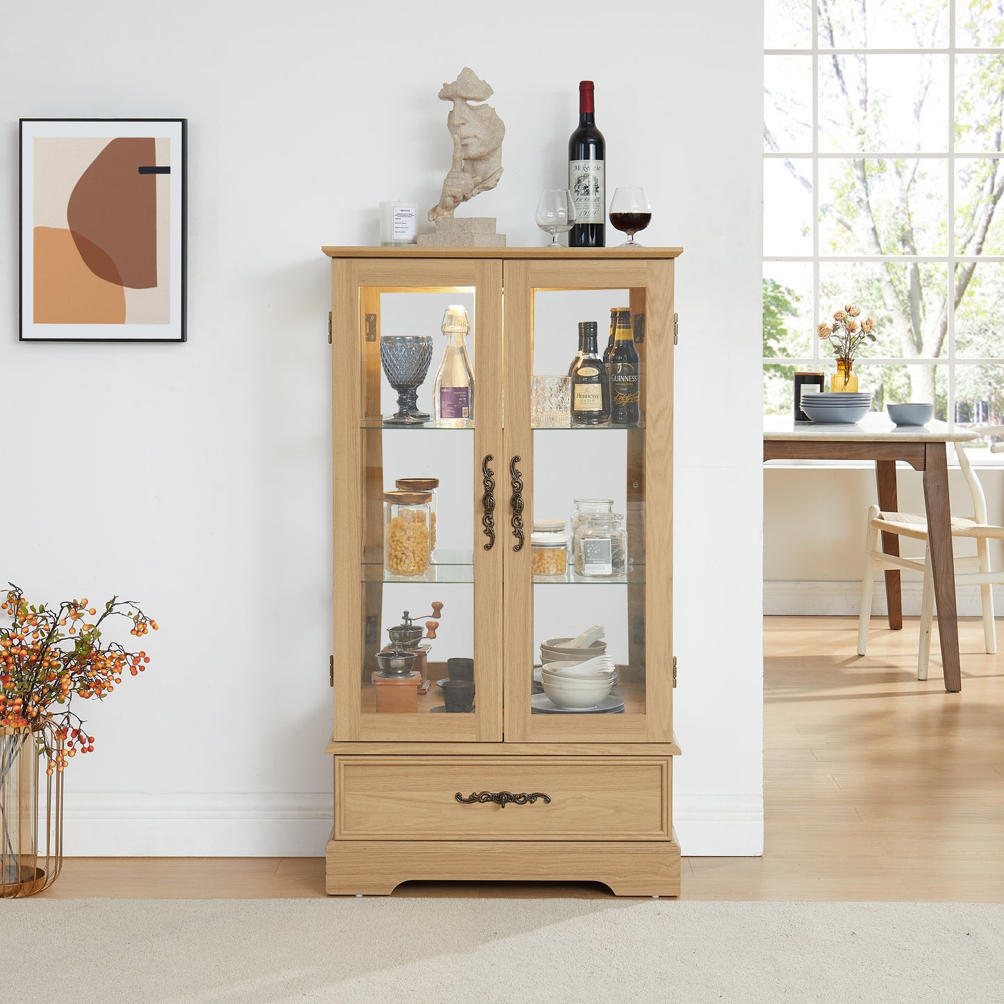 Glass Cabinet Lighted Glass Cabinet Curio Display Cabinet With Adjustable Glass Shelves 2 Doors And 1 Drawer Cabinet Bulb Included OAK