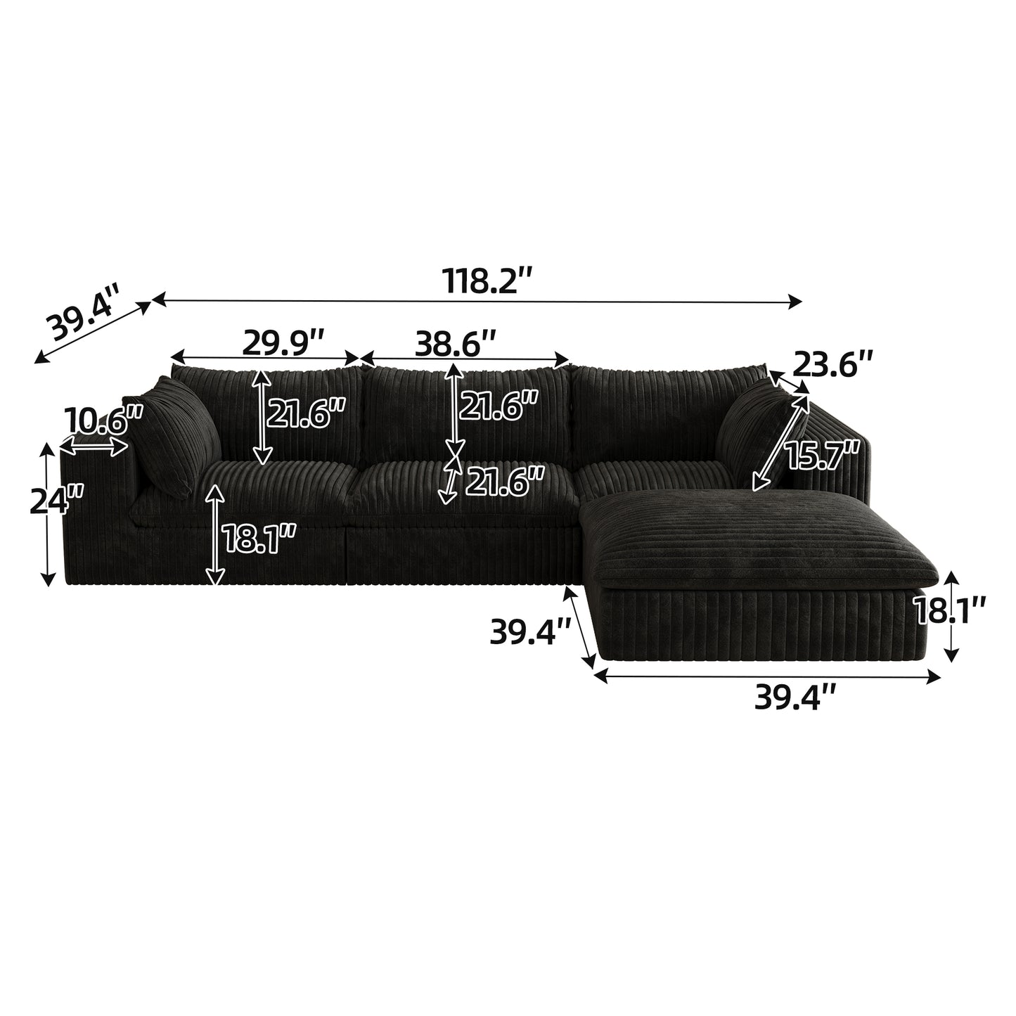 118.2 Cloud Sofa,Corduroy Fabric,Deep Seat Couches,Double-layer Design,Removable Cushion,No Assembly, DIY Combination For Living Room, Bedroom,Conference Room ,Apartment,Black