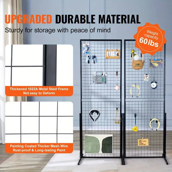 67x24 In Grid Wall Panels Tower, 2 Packs Wire Gridwall Display Racks With T-Base Floorstanding, Double Side Gridwall Panels For Art Craft Shows, Retail Display With Extra Clips And Hooks
