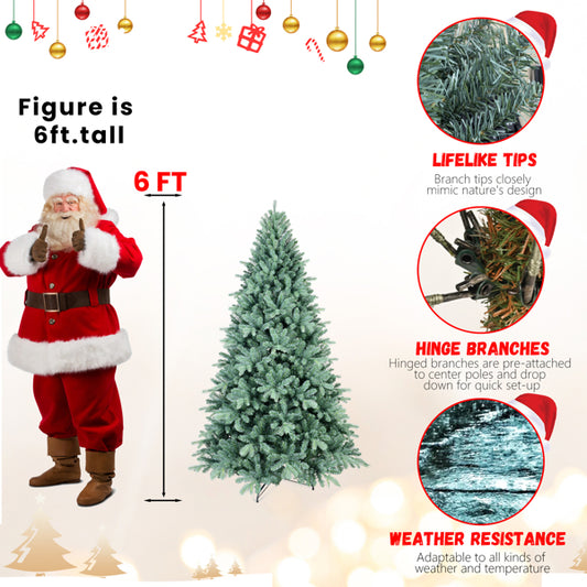 Artificial 6ft Blue Green Tint Christmas Tree With 1390 PE PVC Mixed Branch Tips, Memory Wire Iron Wire, Hinged Premium & Foldable Base For Indoor Holiday Decorating