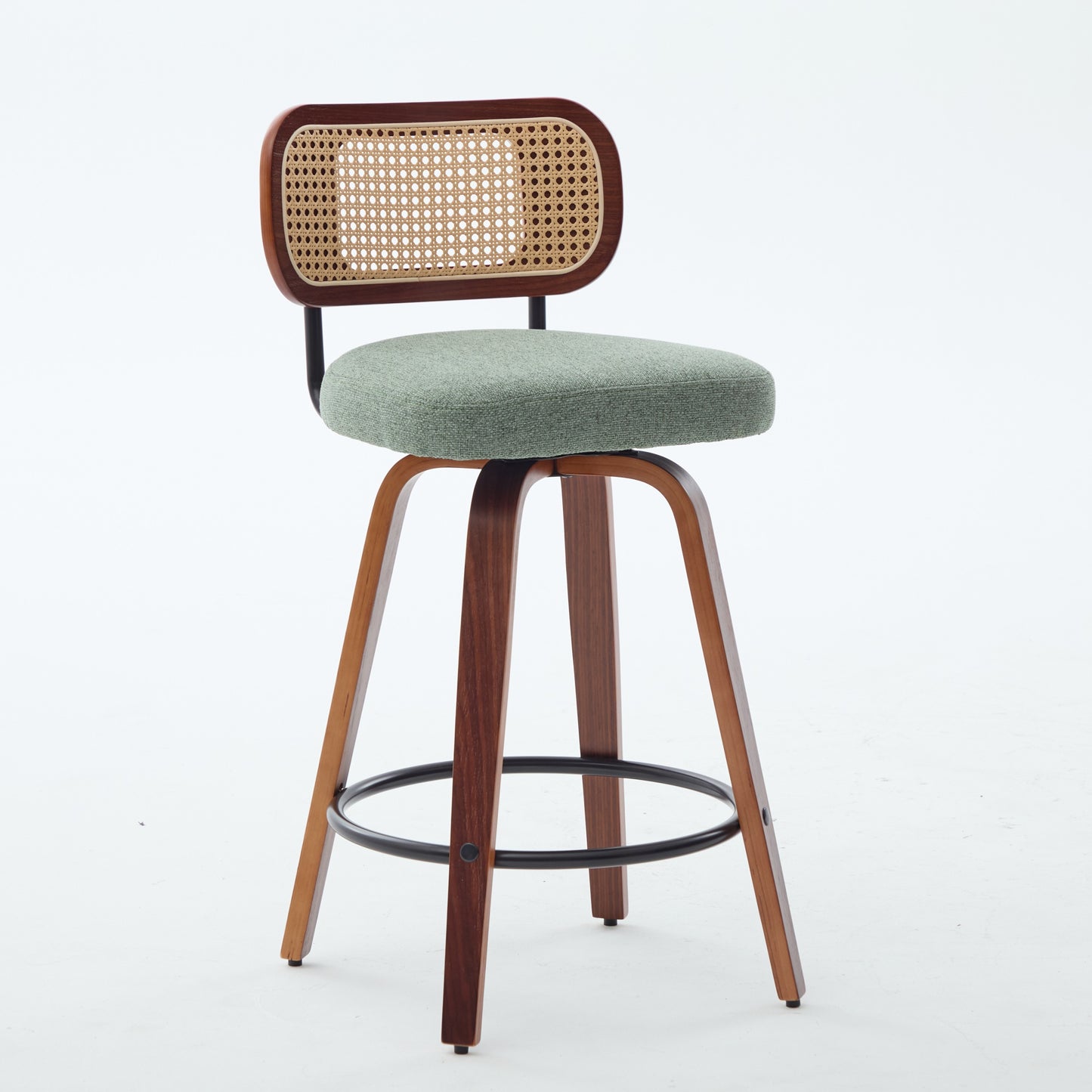 Set Of 3, 26-Inch Counter Height Bar Stools - Walnut Black, Cane Rattan Back, Light Green Linen Upholstered Seat, Swivel Design For Kitchen Island Bar Counter,SW3766OL