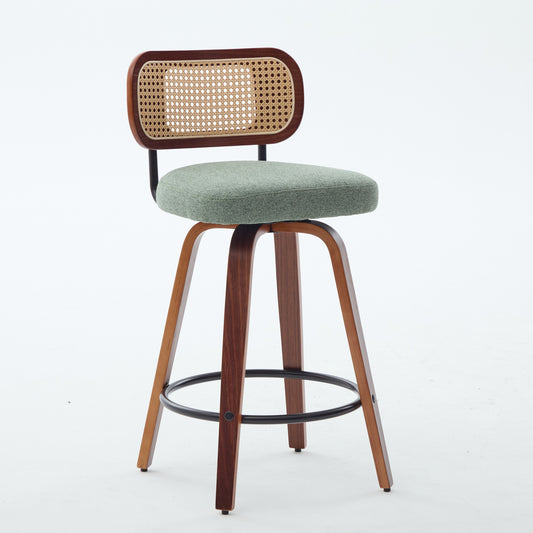 Set Of 3, 26-Inch Counter Height Bar Stools - Walnut Black, Cane Rattan Back, Light Green Linen Upholstered Seat, Swivel Design For Kitchen Island Bar Counter,SW3766OL