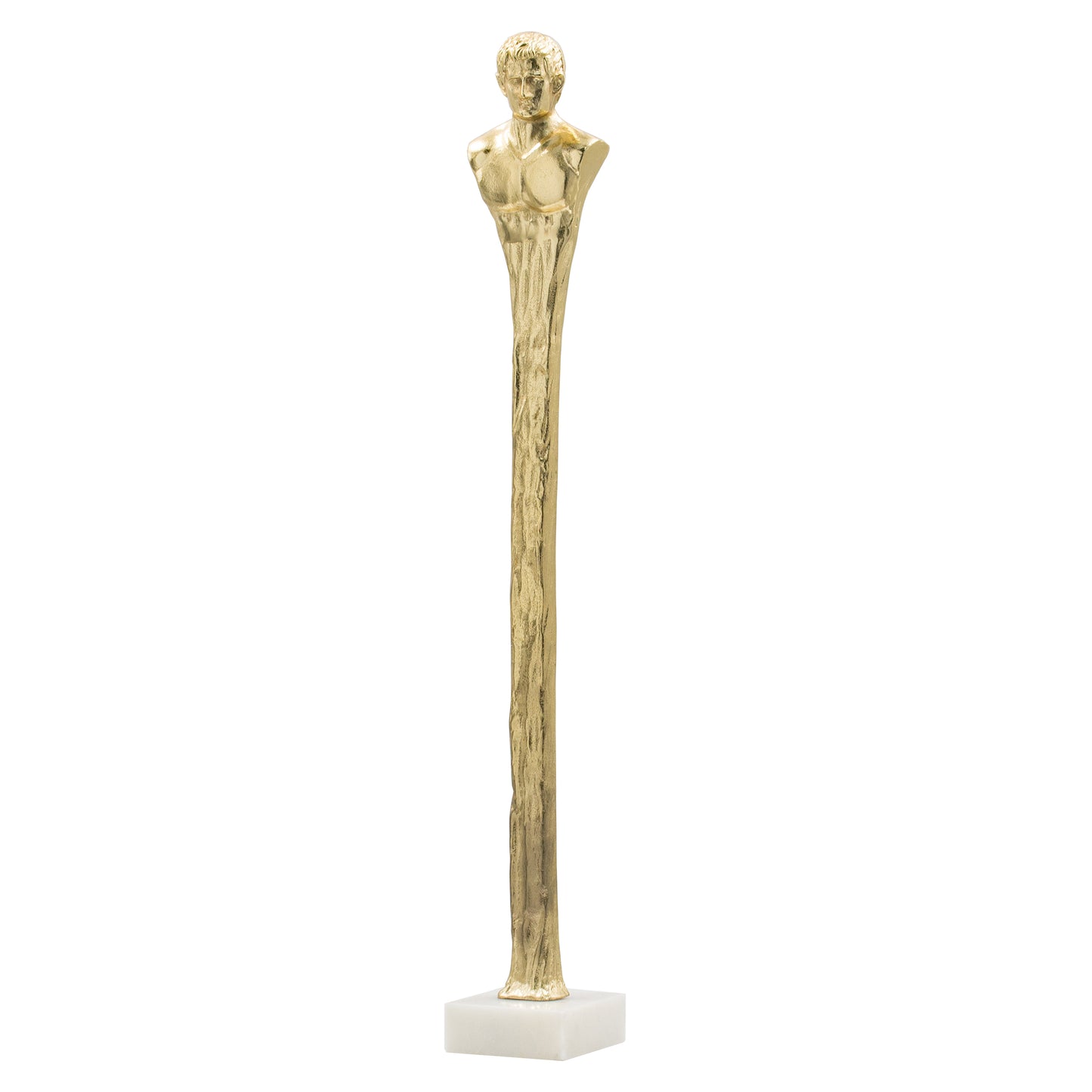 5.5x5.5x32  Elongated Gold Roman Statue On White Marble Base