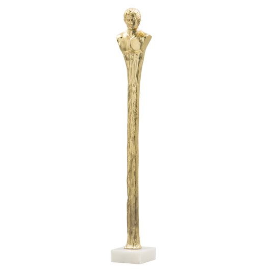 5.5x5.5x32  Elongated Gold Roman Statue On White Marble Base