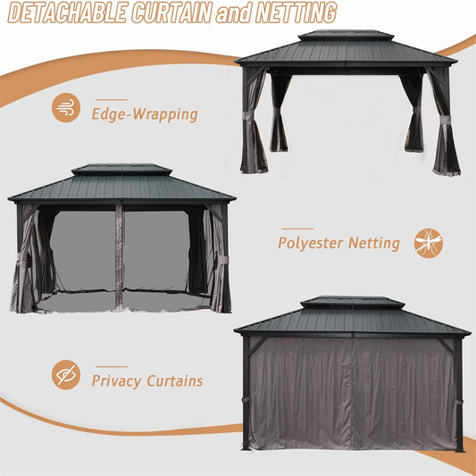 10   X 12   Hardtop Gazebo, Aluminum Metal Gazebo With Galvanized Steel Double Roof Canopy, Curtain And Netting, Permanent Gazebo Pavilion For Patio, Backyard, Deck, Lawn