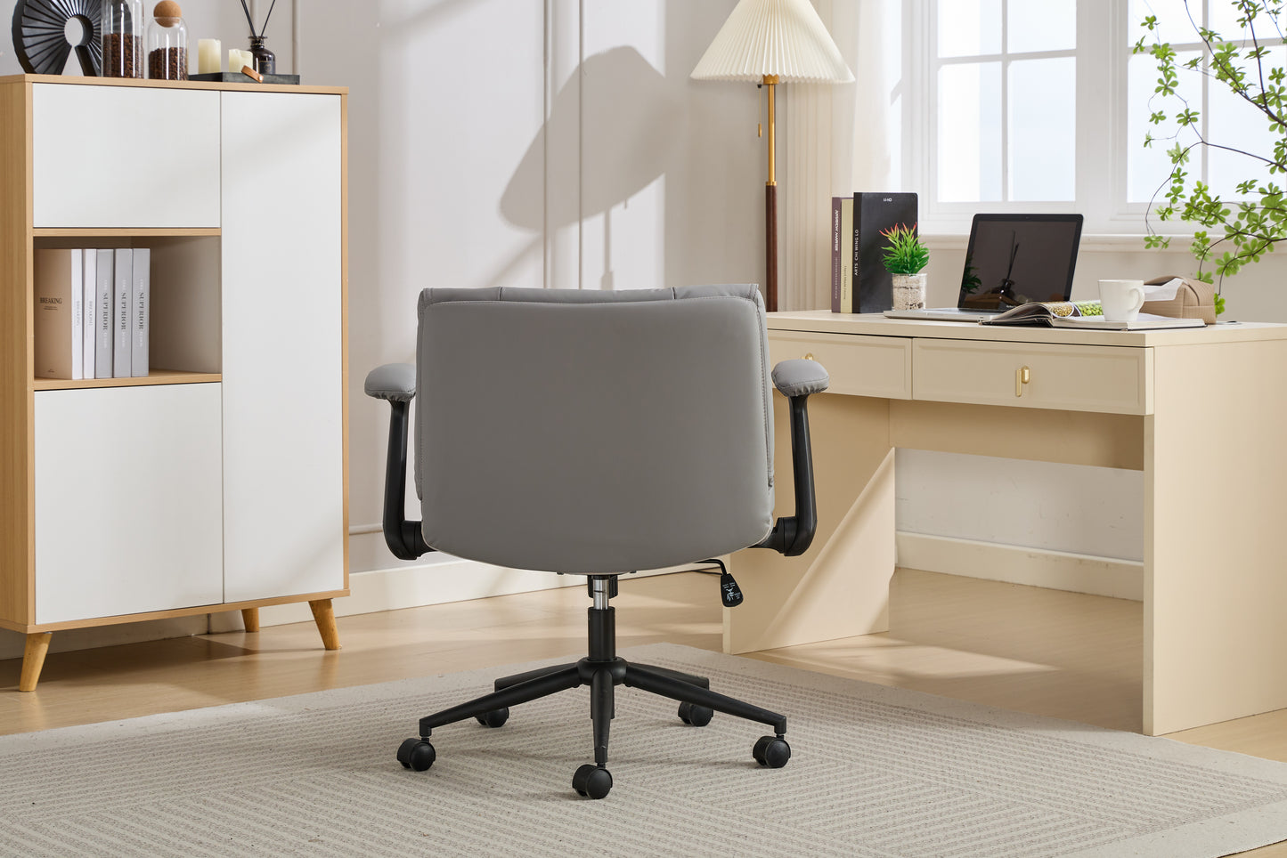 With Flip-Up Armrests Leather, Cross Legged Office Chair On Wheels, Comfy Swivel Chair With Wide Seat For Home Office, Vanity,  Ergonomic Desk Chair Adjustable, GREY