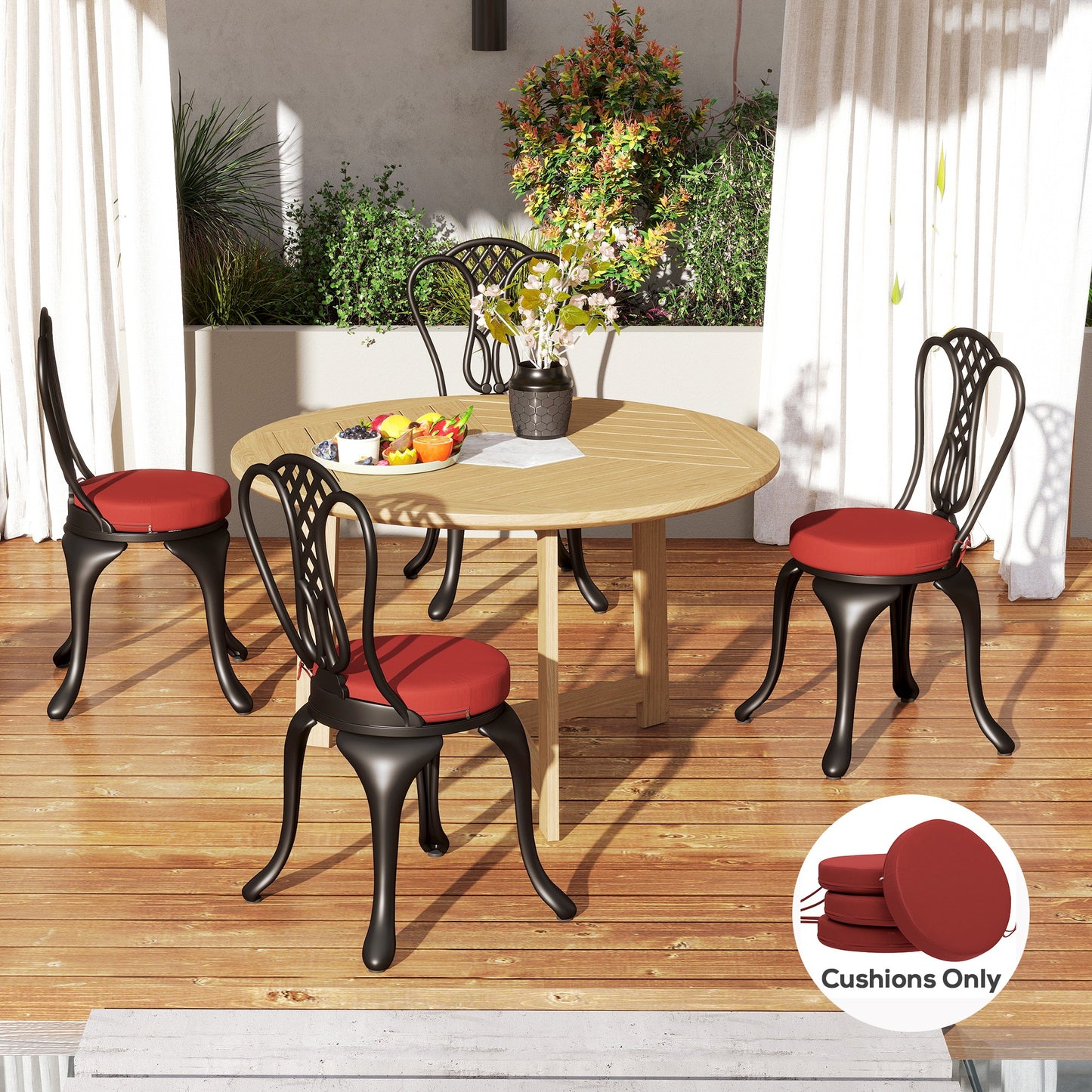 Patio Chair Cushions Set Of 4 Round Seat Cushions For Dining Bistro Chairs Machine Washable, 15" X 15" X 3", Wine Red