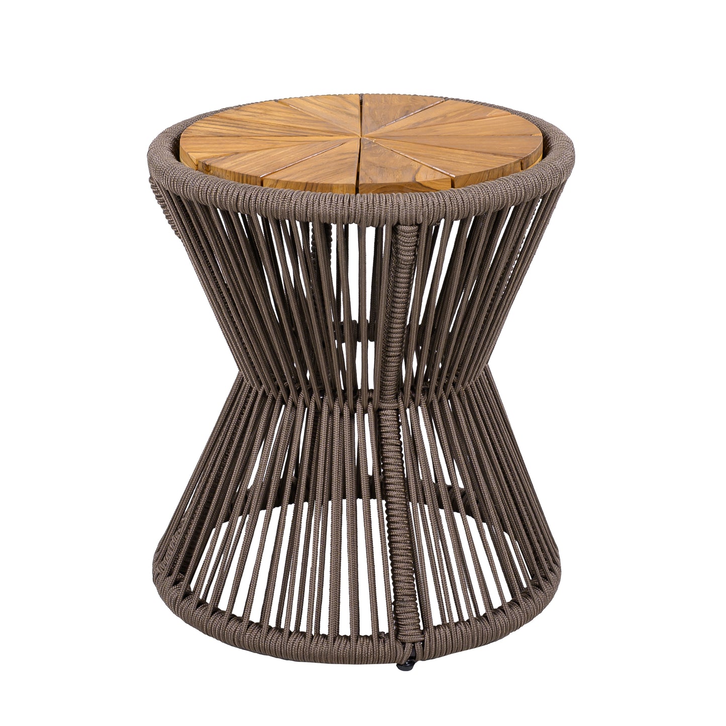 Outdoor Side Table, Dark Grey Rope & Acacia Wood, 18.90  Height, 16.14  Diameter, Elegant Hourglass Design, Weather Resistant, For Patio, Deck, Garden, Balcony, Modern Minimalist Style