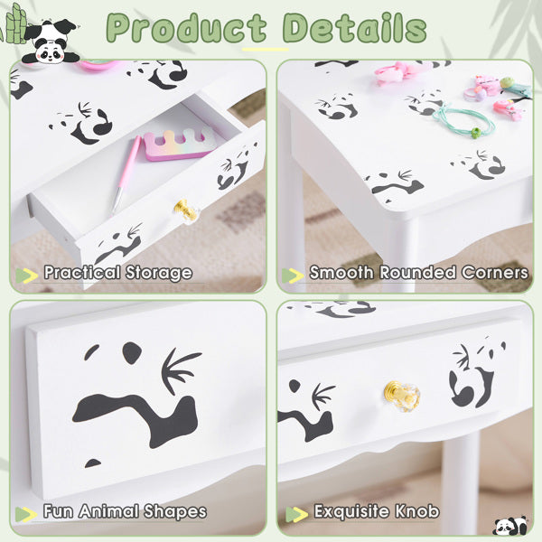 Black And White Panda MDF Painted Finish, Solid Wood Legs, 1-drawer Children's Dressing Table Set, LED Three-color Backlit Touch Switch