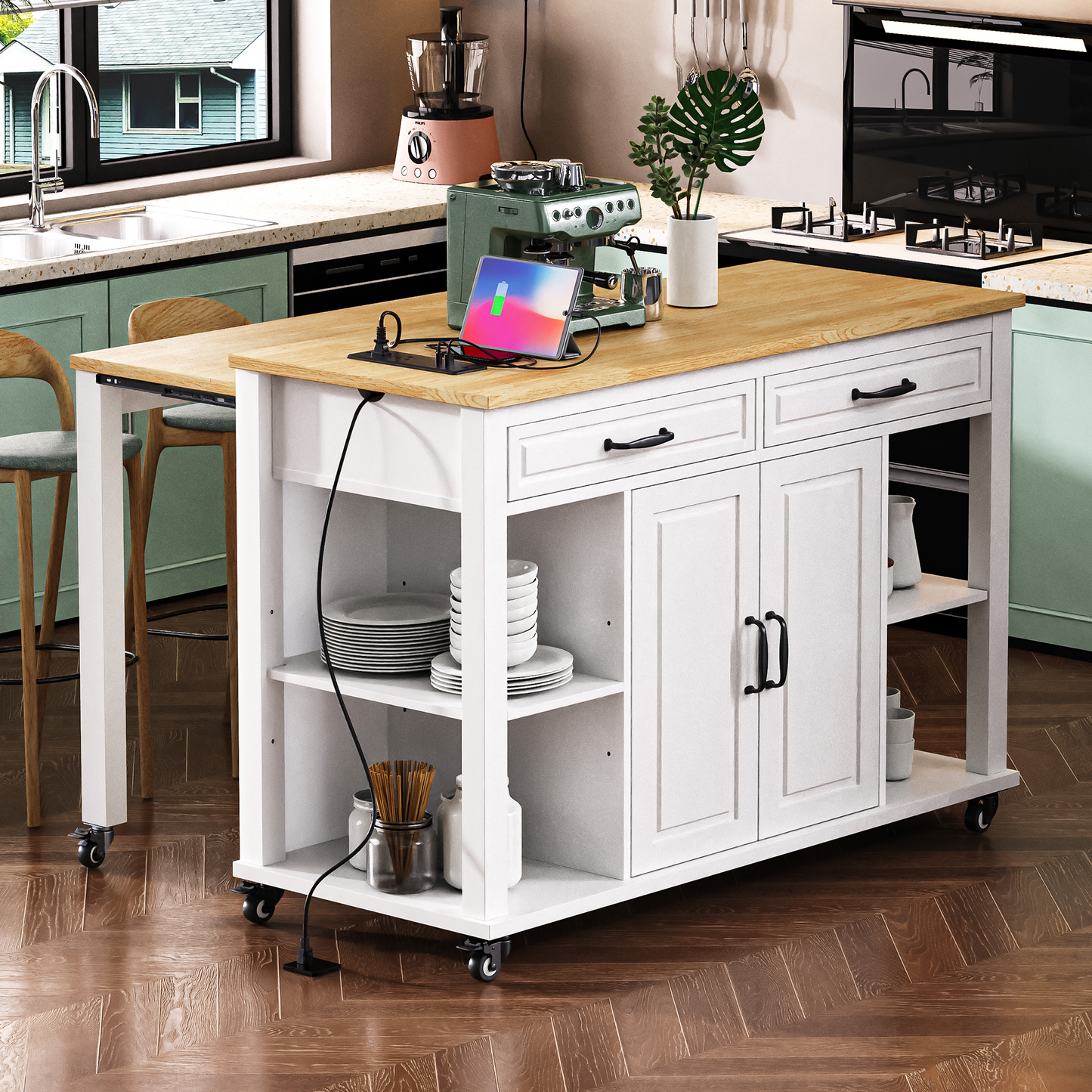 K&K 47 Inch Kitchen Island With Extendable Dining Table, Rubber Wood Veneer Kitchen Table With Internal Storage Rack, Power Outlet, Kitchen Island With Storage 2 Drawers 2 Cabinet,White