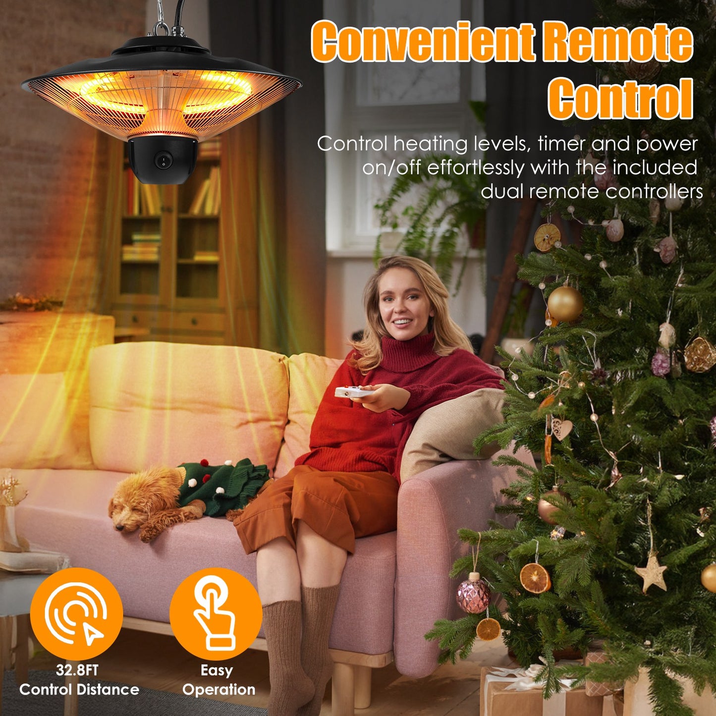 1500W Outdoor Patio Heater Electric Hanging Heated Ceiling Mounted Heating Lamp IP23 Waterproof With 3 Heating Levels 30Mins 60Mins Timer 2 Remote Control For Garage Balcony Courtyard