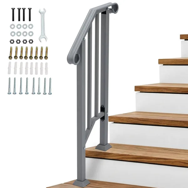 Handrails For Outdoor Steps, Iron Handrail Fits 1 Step, Transitional Handrail With Installation Kit, Silver