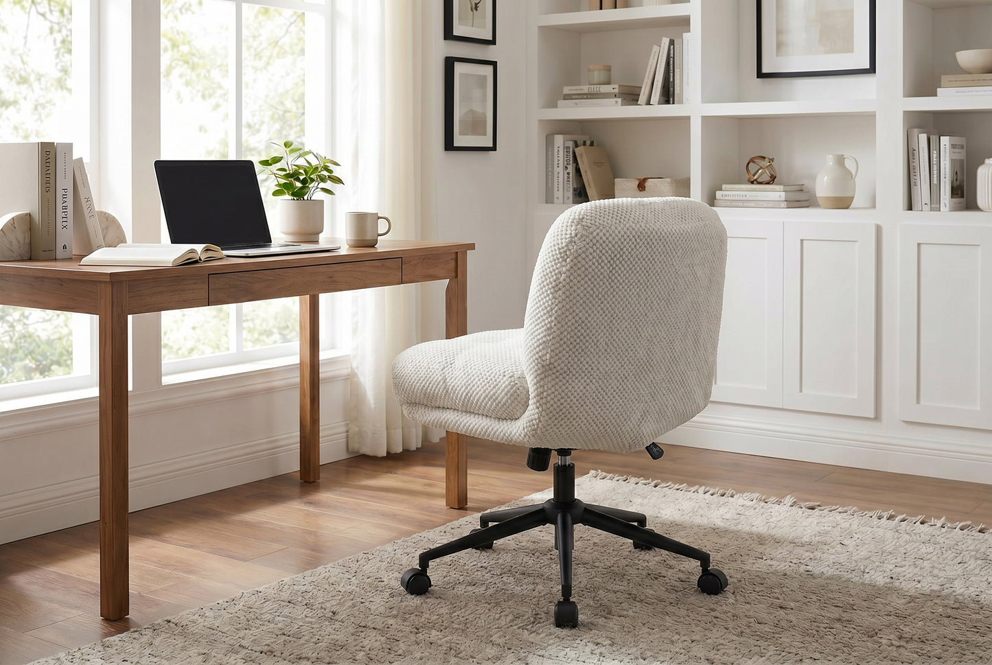 Cross Legged Office Chair No Arms, Adjustable Swivel Wider & Thickened, Ergonomic Desk Chair For Home Office, Vanity,White