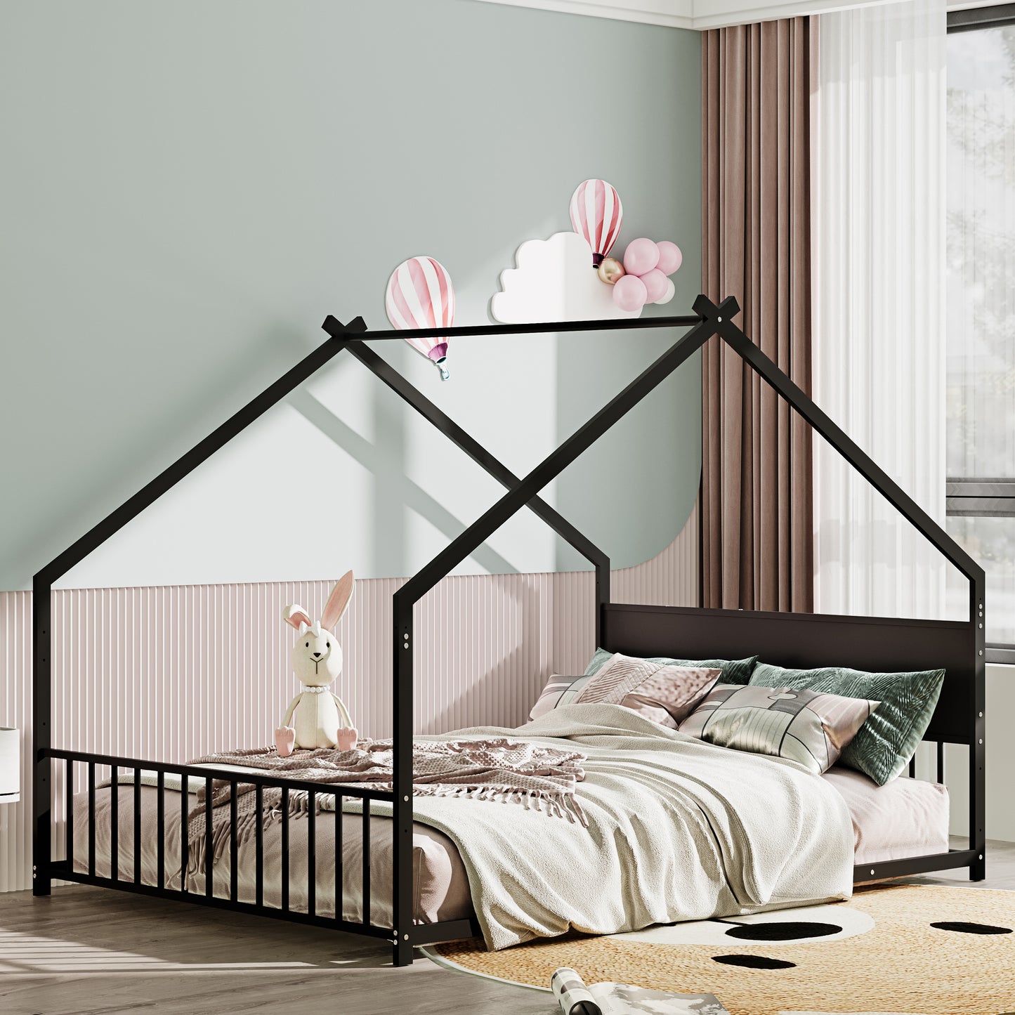 Full Size House Bed With Roof And Colorful Lights, Metal Bed Frame With Slats And Legs, House Bed For Boy, Girls And Young Teens, No Box Spring Needed,Black.