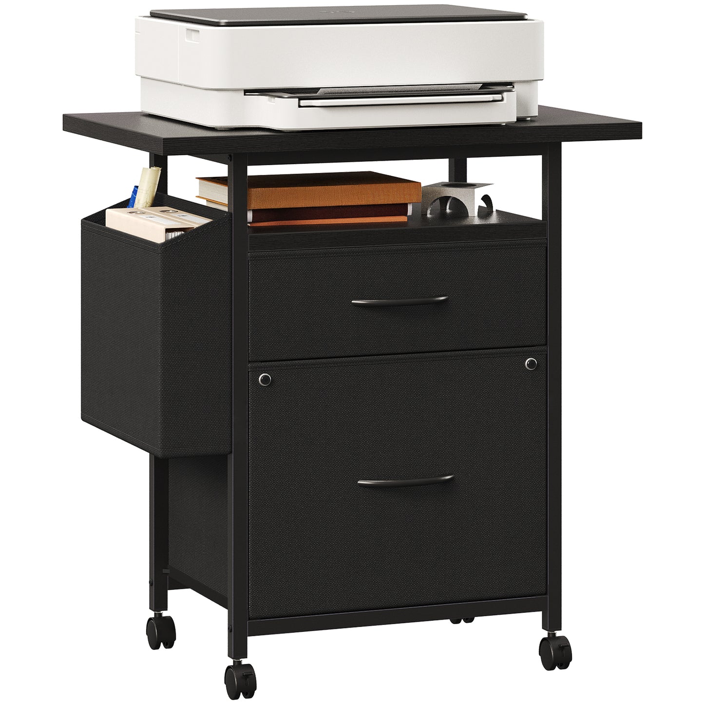 Rollable Filing Cabinet, Equipped With Drawers And Storage Shelves, Printer Placement Area, Size Suitable For A4 Paper Size
