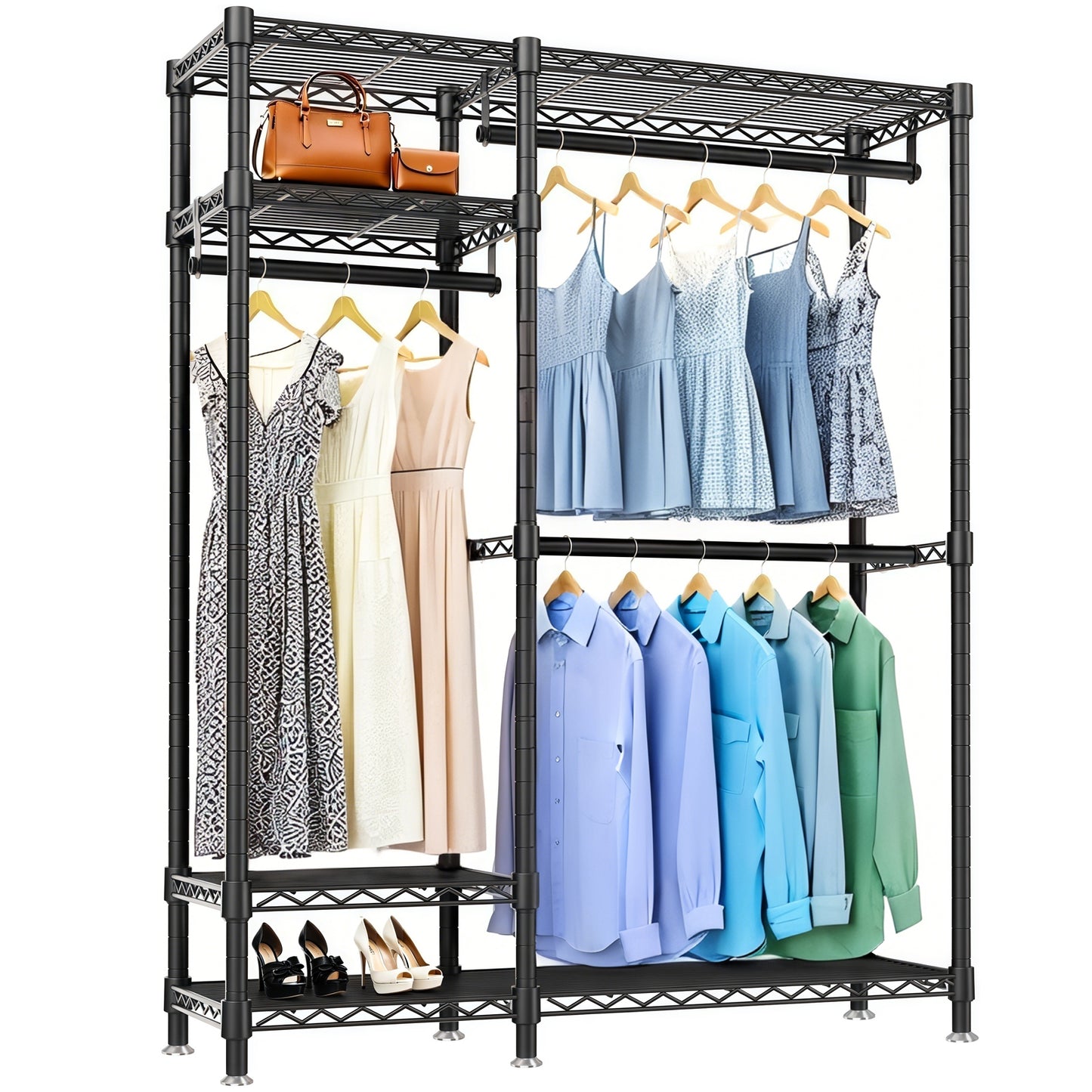 Heavy Duty Clothes Rack, Freestanding Closet Organizer, Portable Metal Clothing Rack, Adjustable Wire Shelving Clothes Rack With 6 Adjustable Wire Shelves And 3 Clothes Rails, Black