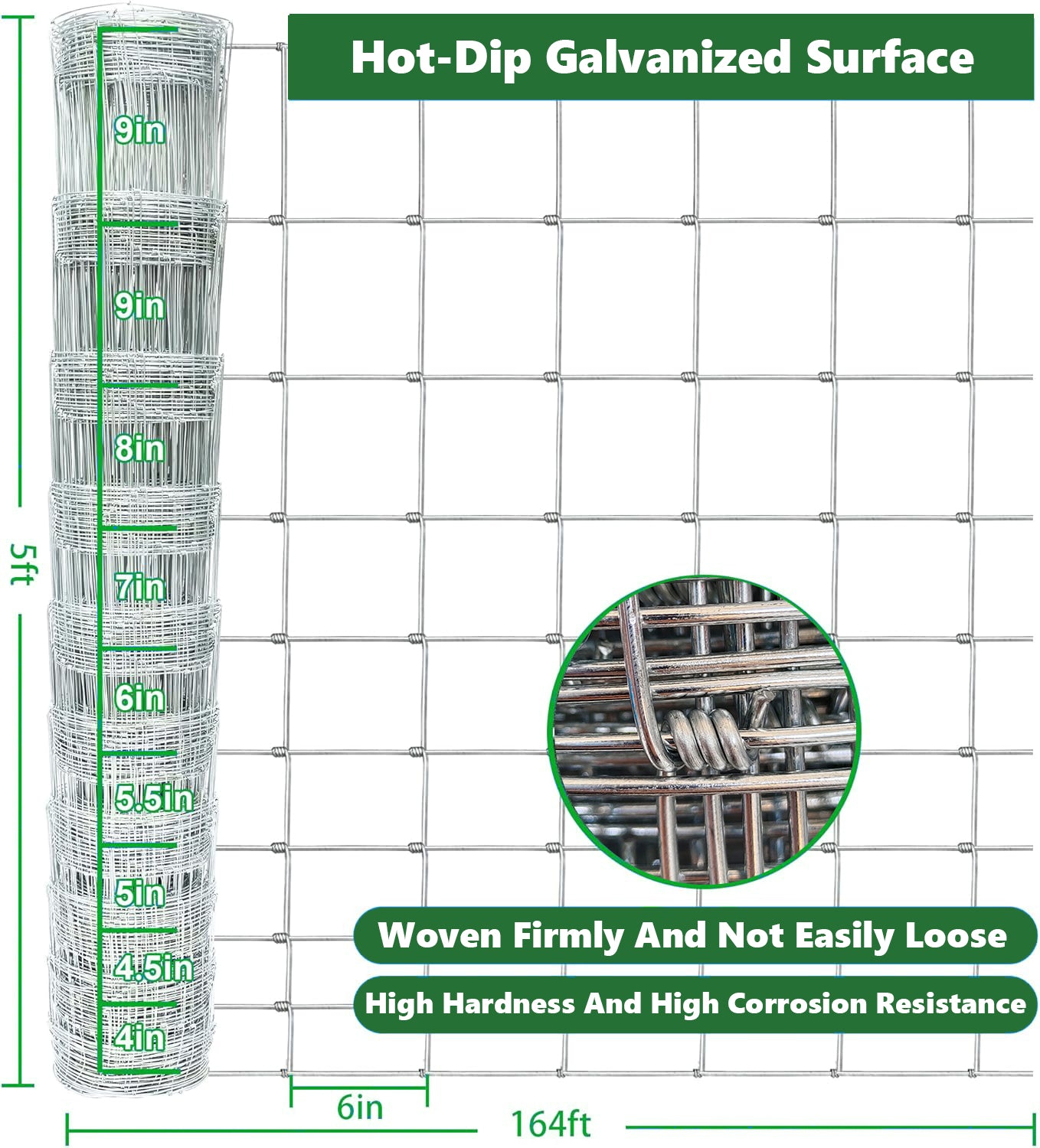 Farm Fence 5ft X 164ft 13Gauge Heavy Zinc Coating Cattle Fence,Galvanized Field Wire Fencing Deer Fence,Goat Fence,Hog Wire Fencing For Yard Livestock & Animals Protection