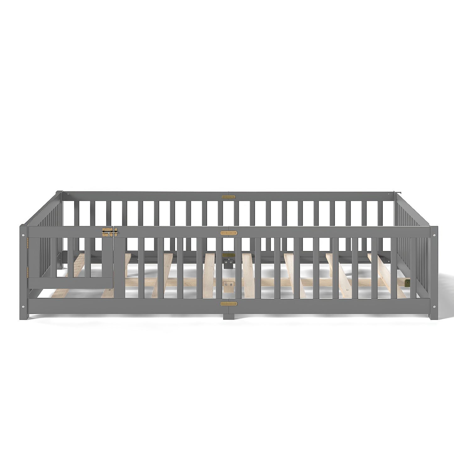 Queen Size Bed Floor Bed With Safety Guardrails And Door For Kids, Gray
