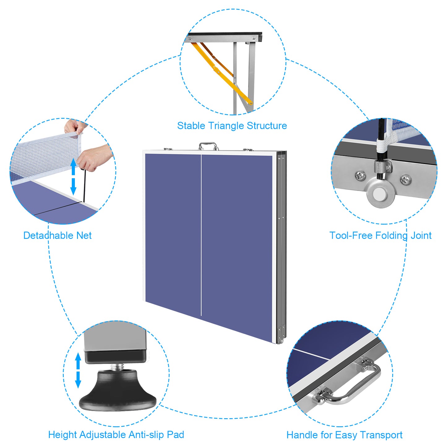 6ft Blue Mid-Size Table Tennis Table Foldable & Portable Ping Pong Table Set For Indoor & Outdoor Games With Net, 2 Table Tennis Paddles And 3 Balls