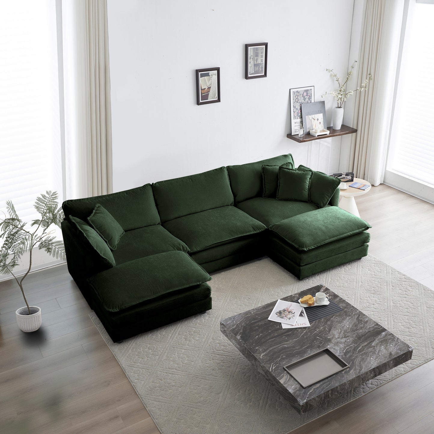 U-Shaped Sectional Sofa W Reversible Footrest, 5-Seater Convertible Corner Couch With 2 Ottomans ,Modern Minimalist Soft Sofa & Couch For Living Room , Green Chenille