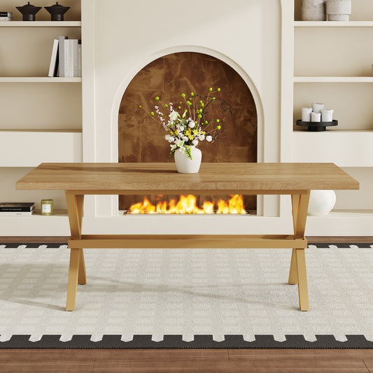 71   35.4 Inch Wood MDF Splicing Desktop, Light Wood MDF Splicing Desktop, Wood Sprayed Metal X-shaped Bracket Dining Table. The Modern Minimalist Restaurant Table Can Accommodate 6-8 People.