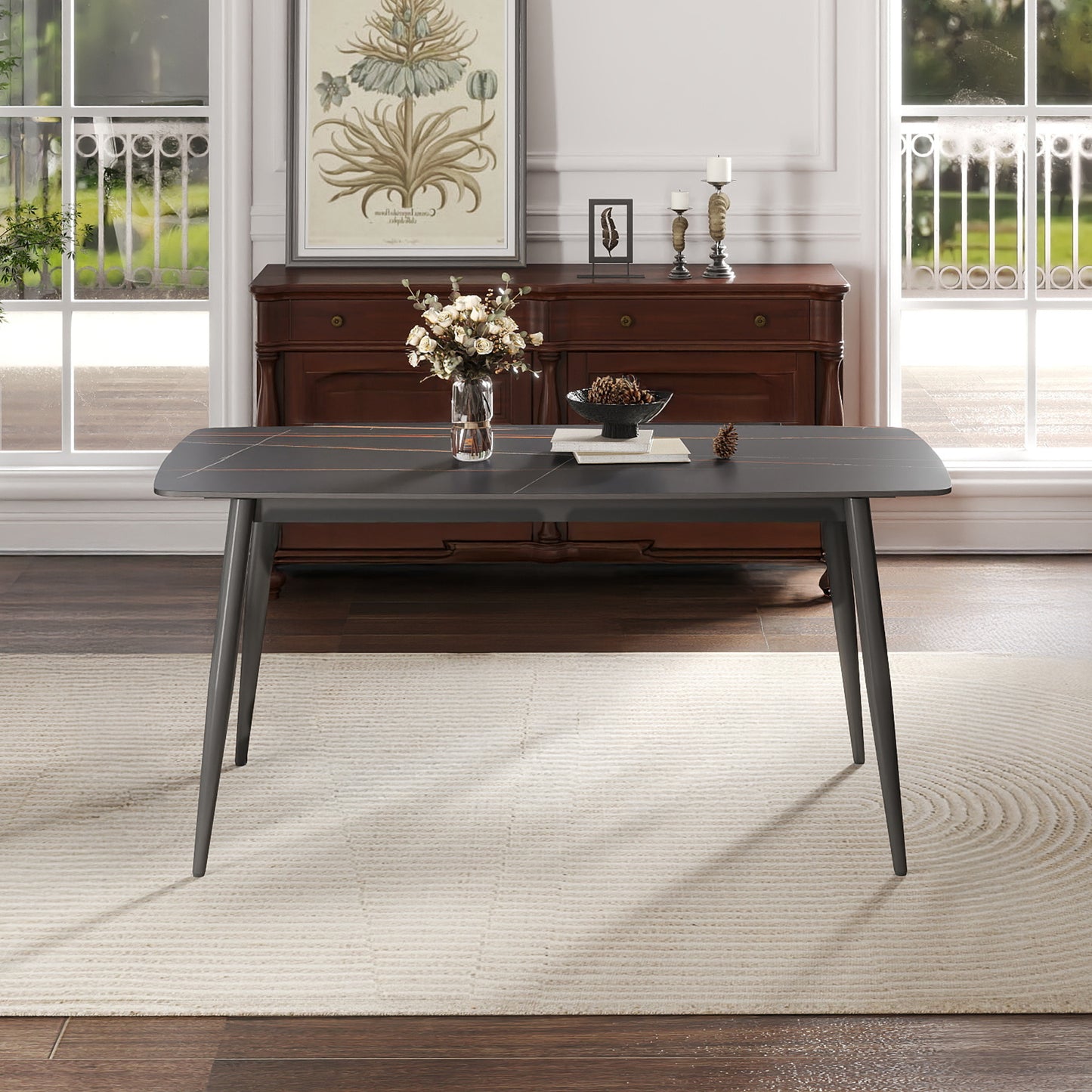 62.99  Modern Artificial Stone Black Curved Edge Dark Grey Metal Leg Dining Table-Can Accommodate 6 People Dining Table Only