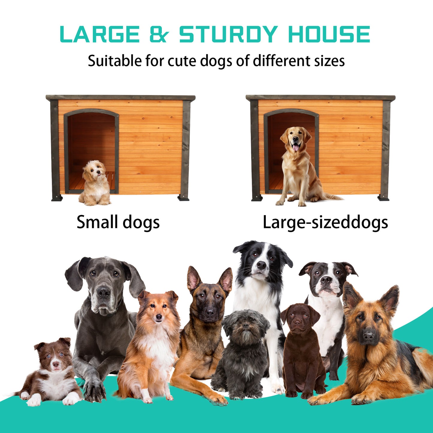 45 Dog House Outdoor And Indoor Wooden Kennel, Winter Strap With Elevated Feet, Large Dog Weatherproof  Gold Red And Black