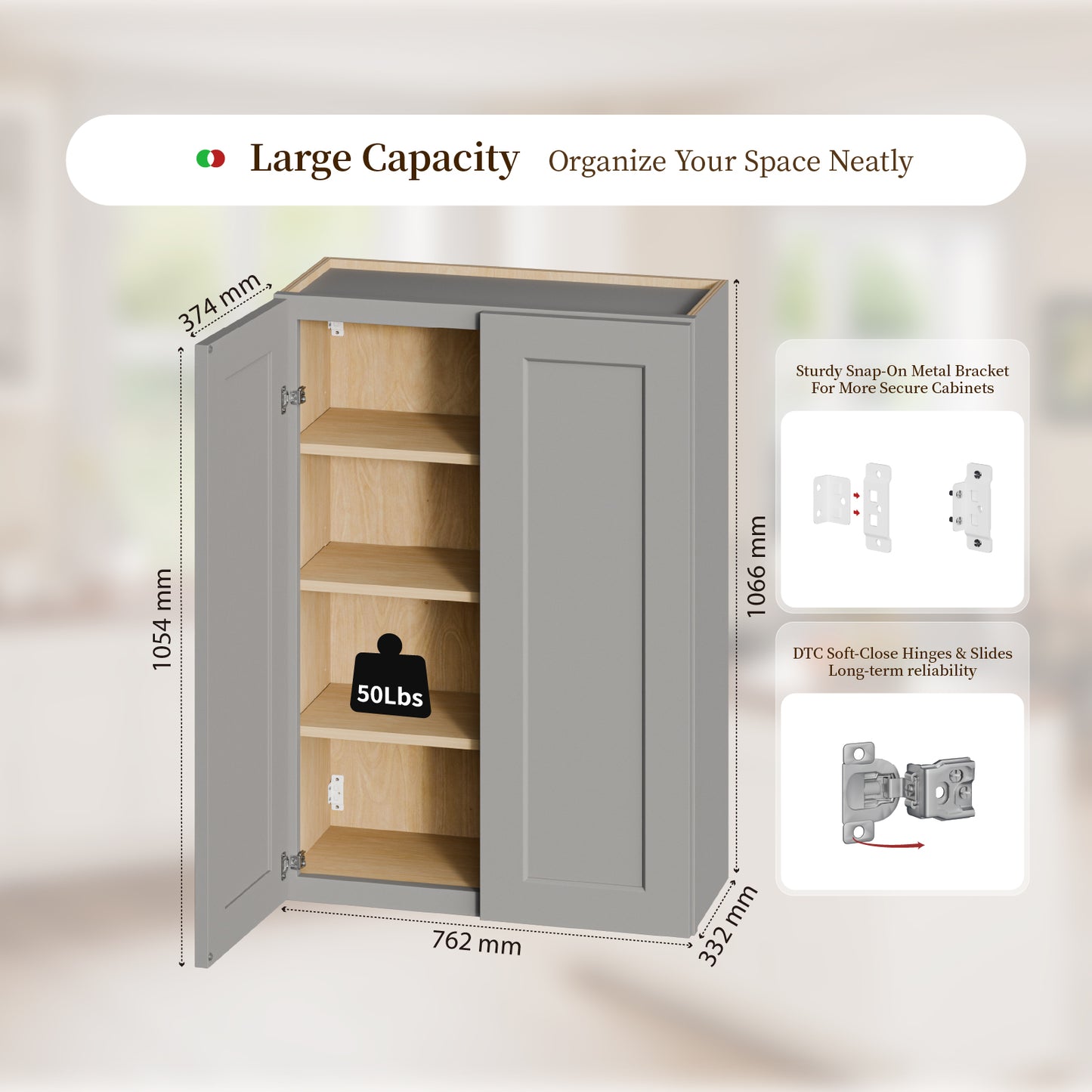 Gray Shaker Solid Wood Wall Cabinet With Soft-Close Doors, Adjustable Shelves - 30  Double Door Storage For Kitchen, Bathroom, Laundry, Garage  Easy Assembly, 30 W X 12 D X 42 H