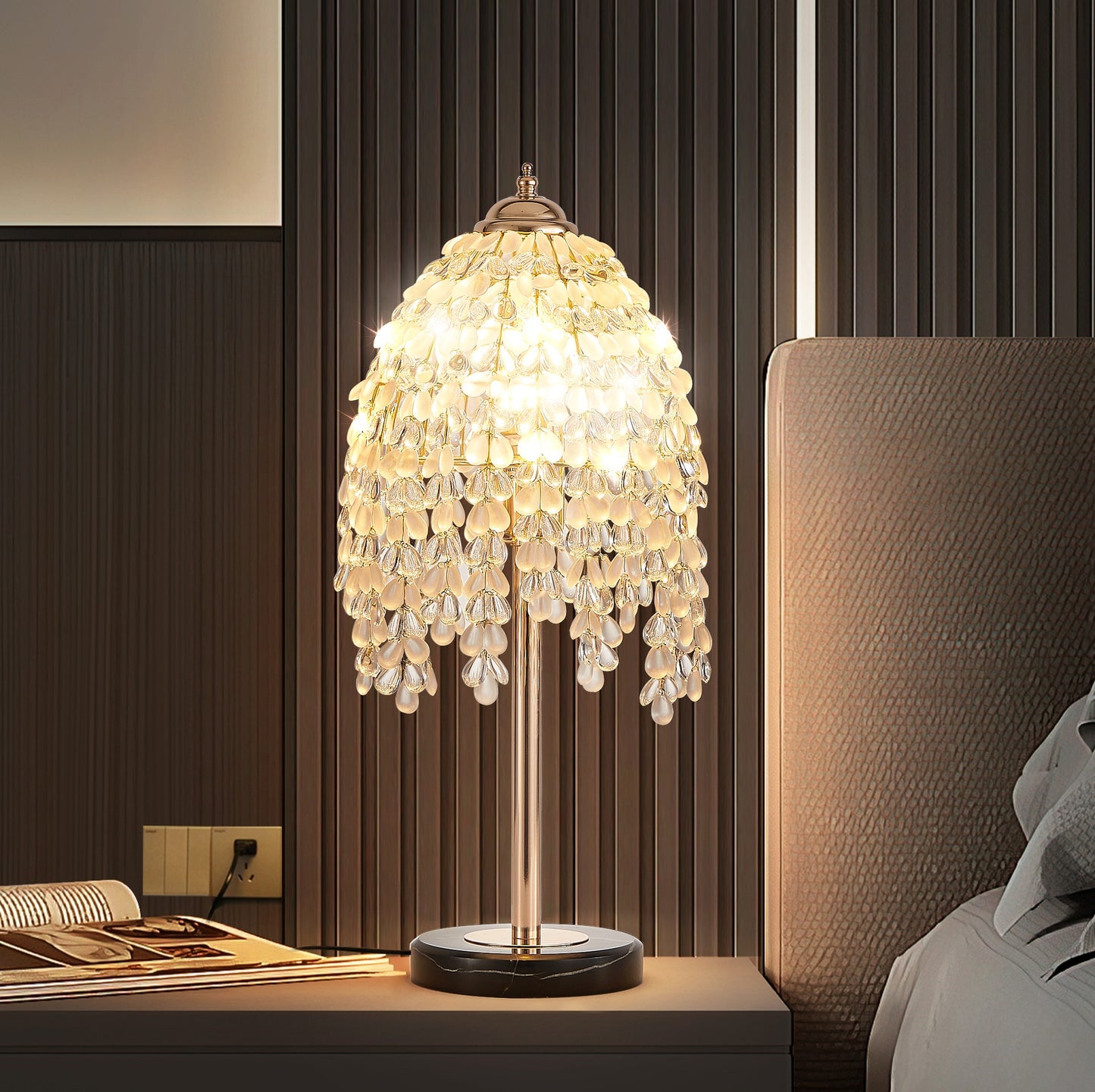 19 HElegant Crystal Table Lamp  Vintage Waterfall Design With Teardrop Grape Crystal Bead String Shades And Marble Textured Base For Living Room, Bedroom, Or Office  Bulb Not Included